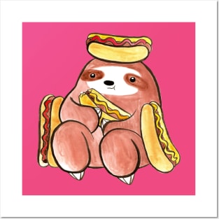 Watercolor Sloth Eating Hotdogs Posters and Art